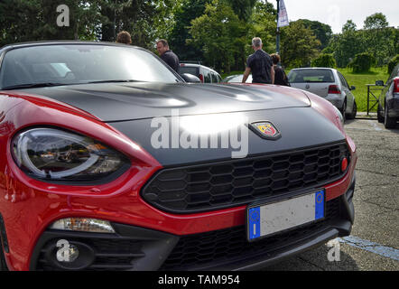 Turin, Piedmont, Italy. June 2018. At the Valentino park, the detail of the nose of an abarth 124 spider. The logo with the scorpion, symbol of the ab Stock Photo