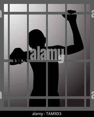 Man in dark dungeon or prison behind bars Stock Photo