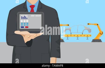 Businessman control digital tablet in car welding assembly line Stock Vector