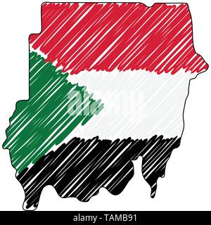 Sudan map hand drawn sketch. Vector concept illustration flag, childrens drawing, scribble map. Country map for infographic, brochures and Stock Vector
