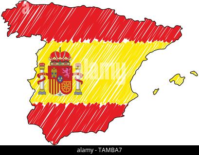 Spain map hand drawn sketch. Vector concept illustration flag, childrens drawing, scribble map. Country map for infographic, brochures and Stock Vector