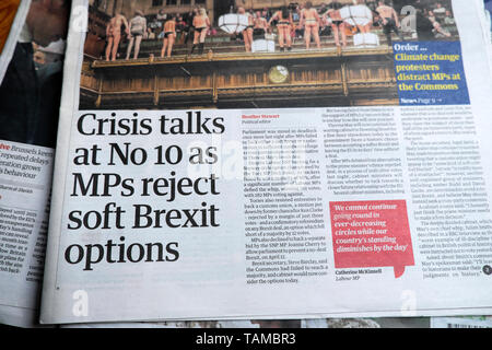 'Crisis talks at No 10 as MPs reject soft Brexit options' newspaper headline in Guardian news paper article on 2 April 2019 London England Britain UK Europe  European Union EU Stock Photo