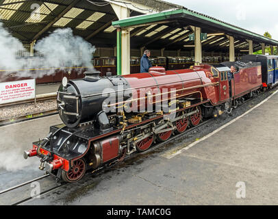 Light 4-8-2 steam engine Hercules on train at Romney, Hythe and Dymchurch light Railway station at New Romney Kent England UK Stock Photo