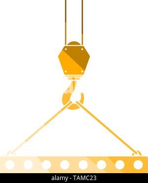 Icon Of Slab Hanged On Crane Hook By Rope Slings. Flat Color Ladder Design. Vector Illustration. Stock Vector
