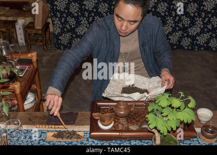 Chinese Tea Ceremony. Male server prepares the traditional tea. photographed in Chengdu, Sichuan, China Stock Photo