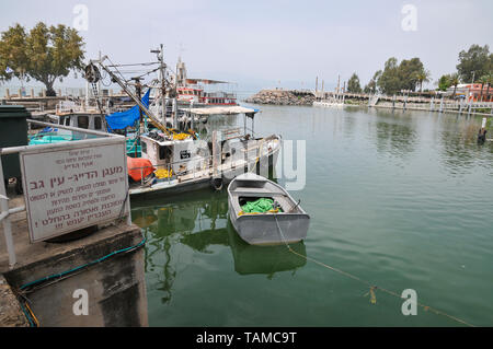 Israel, Kibbutz Ein Gev (Established 1937) on the shores of the Sea of Galilee. Fishing boats in the harbour Stock Photo