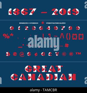 Alphabet for celebration design 1 th july in National canada flag style font on dark blue background with text Great Canadian. Vector illustration. Ca Stock Vector