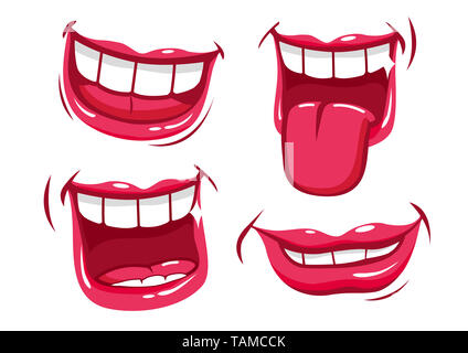 A set of funny smiling female and male mouths in various facial expressions. Stock Photo