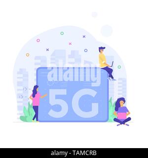 High-speed mobile 5G technology concept with characters. Communication wireless network systems and internet. Template for website, landing page, web  Stock Vector