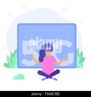High-speed mobile 5G technology concept with characters. Communication wireless network systems and internet. Template for website, landing page, web  Stock Vector