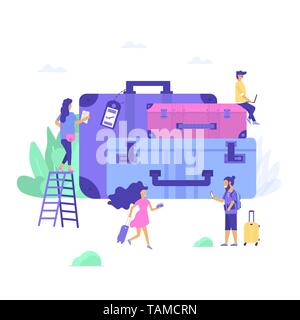 Set of baggage, laggage and young cute people ready for adventure. Travel and tourism concept for website template, online booking reservation, landin Stock Vector