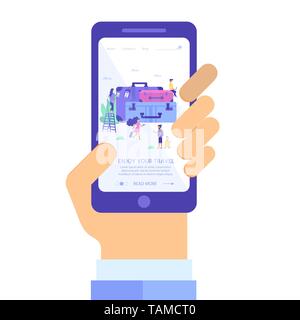 Hand holding phone with app for travel and tourism concept.  Website template, online booking reservation, landing page, banner, flight tickets servic Stock Vector