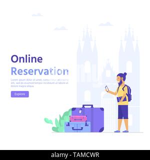 Young man with mobile phone, bag and baggage. Travel and tourism concept for website template, online booking reservation, landing page, banner, fligh Stock Vector