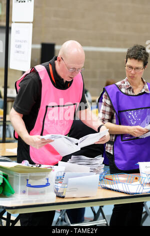 Hereford, UK. 26th May, 2019.  Election staff count ballot papers in Hereford as part of the UK wide European Elections - The Hereford votes are part of the West Midlands region and will return 7 MEPs - overall the UK will return 73 MEPs to the European Parliament. Photo Steven May / Alamy Live News Stock Photo