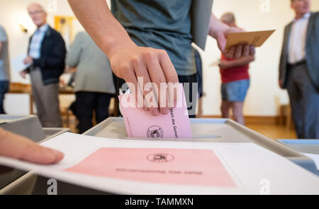 Gamshurst, Germany. 26th May, 2019. A man inserts his ballot for the local elections in Baden-Württemberg. Credit: Sebastian Gollnow/dpa/Alamy Live News Stock Photo