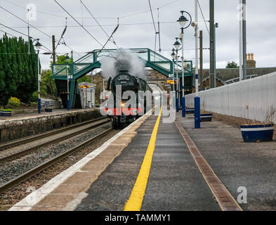 Drem Station, East Lothian, Scotland, United Kingdom, 27th May 2019. The Flying Scotsman steam locomotive returns South after its tours of Scotland, passing through the station early at 6.30 am Stock Photo