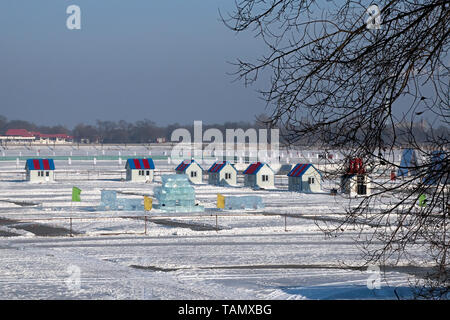 Harbin China, temporary recreational buildings on the frozen Songhua river Stock Photo