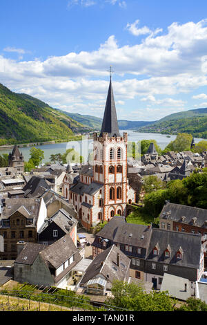 View from the view tower 'Postenturm' on Bacharach with Saint Peter church, Upper Middle Rhine Valley, Rhineland-Palatinate, Germany Stock Photo