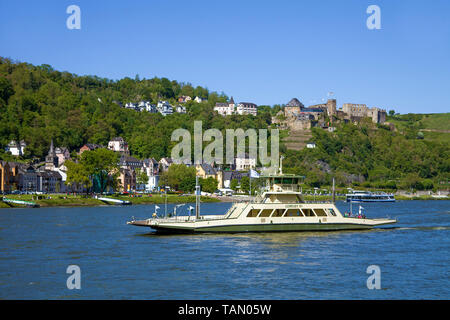 Car ferry Lorelei VI from Sankt Goar to St. Goarshausen, above the Rheinfels castle, Upper Middle Rhine Valley, Rhineland-Palatinate, Germany Stock Photo