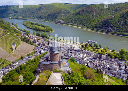 Aerial view, the Stahleck castle at Bacharach, Unesco world heritage site, Upper Middle Rhine Valley, Rhineland-Palatinate, Germany Stock Photo