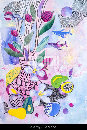 Collage in authoring technique using graphics and different ornaments and graphics. Whale, plants, branches as decorative elements. Stock Photo