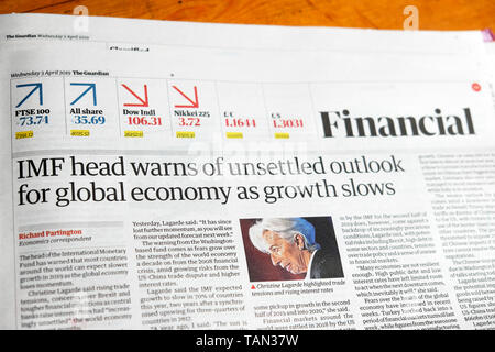 'IMF head warns of unsettled outlook for global economy as growth slows' Financial Section newspaper article in the Guardian London England UK 2019 Stock Photo