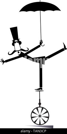 Equilibrist man on the unicycle.  Funny long mustache man in the top hat balances on the unicycle and holds umbrella black on white illustration Stock Vector