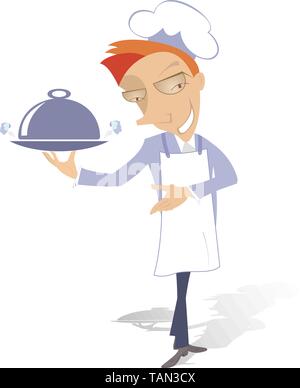 Smiling cook holds a tray with food illustration. Cartoon cook holds a tray with food isolated on white Stock Vector