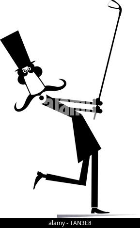 Gentleman a golfer isolated illustration. Gentleman with mustache and top hat makes a good kick black on white illustration Stock Vector