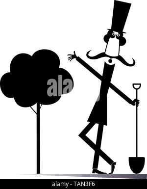 Cartoon gardener, spade and a tree isolated illustration. Cartoon long mustache man in the top hat with a spade plants a tree black on white Stock Vector