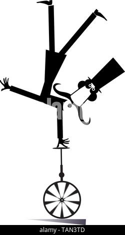 Equilibrist mustache man in the top hat stands one hand on unicycle head over heels black on white illustration Stock Vector