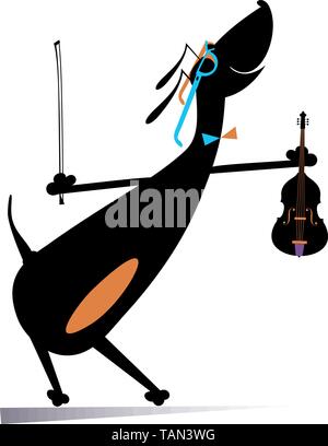 Cartoon dog plays violin illustration. Comic dachshund holds violin and fiddlestick isolated on white illustration Stock Vector