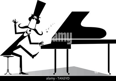 Pianist original silhouette illustration isolated.Mustache gentleman in the top hat is playing music on piano and singing black on white illustration Stock Vector