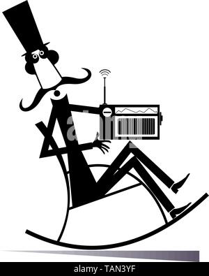 Long mustache man in the top hat sits in the rocking chair and listens a radio black on white illustartion Stock Vector