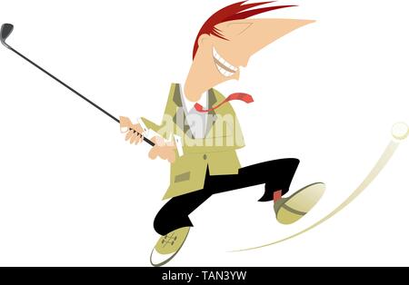 Smiling golfer on the golf course illustration. Cartoon smiling golfer aiming to do a good kick illustration Stock Vector