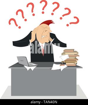Tied businessman and question marks concept illustration. Tied or upset man sitting by the table puts hands on the head surrounded by question marks Stock Vector