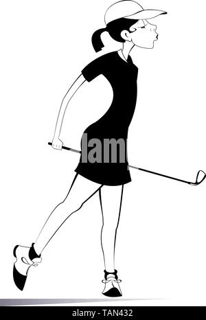 Young golfer woman on the golf course black on white illustration Stock Vector