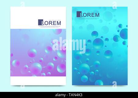Modern vector template for brochure, leaflet, flyer, cover, catalog in A4 size. DNA helix, DNA strand, molecule or atom, neurons. Abstract structure Stock Vector