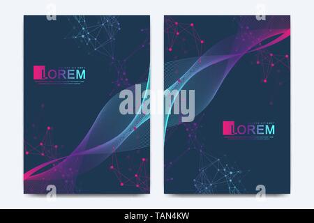 Modern vector template for brochure, leaflet, flyer, cover, catalog in A4 size. DNA helix, DNA strand, molecule or atom, neurons. Abstract structure Stock Vector