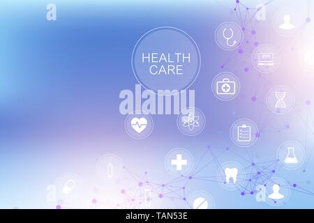 Medical abstract background with health care icons. Medical technology network concept. Connected lines and dots, wave flow, molecules, DNA. Medical Stock Vector