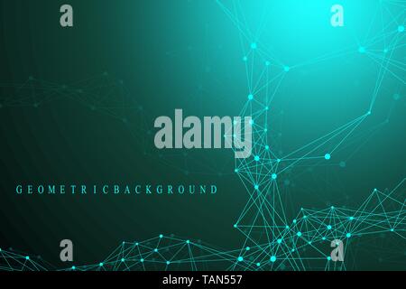 Geometric abstract background with connected line and dots. Network and connection background for your presentation. Science banner with molecules Stock Vector