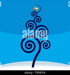 Christmas tree illustration in spiral lines blue background Stock Vector