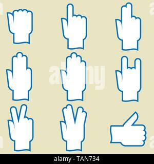Collection of nine hands in different positions. Stock Vector