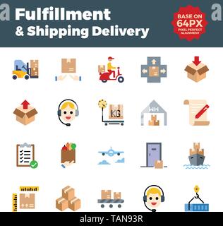 Fulfillment and shipping delivery flat icons. Base on 64px with pixel perfect alignment. Stock Vector