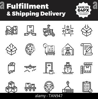 Fulfillment and shipping delivery outline icons. Base on 64px with pixel perfect alignment. Stock Vector