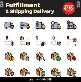 Fulfillment and shipping delivery filled outline icons. Base on 64px with pixel perfect alignment. Stock Vector
