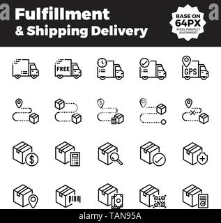 Fulfillment and shipping delivery outline icons. Base on 64px with pixel perfect alignment. Stock Vector