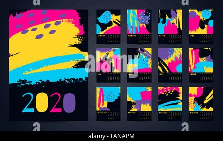 2020 English Calendar Abstract Vector Hand Draw. Set of 12 Months, Week starts Sunday. Multi-colored brush strokes on black background. Stock Vector