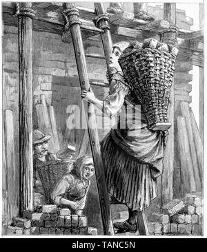 Engraving of a young woman in Bohemia carrying a load of bricks to the bricklayer. From Chatterbox magazine, 1905 Stock Photo