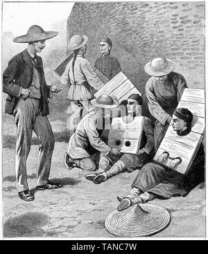 Engraving of a European and his helpers releasing Chinese prisoners from their headboards. From Chatterbox magazine, 1905 Stock Photo